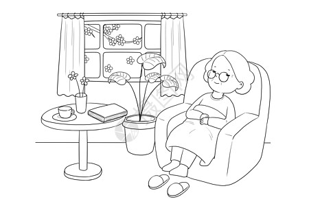 坐在沙发上的老奶奶在沙发上睡觉的老奶奶插画