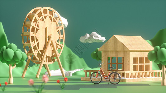海上木屋3D春天场景设计图片