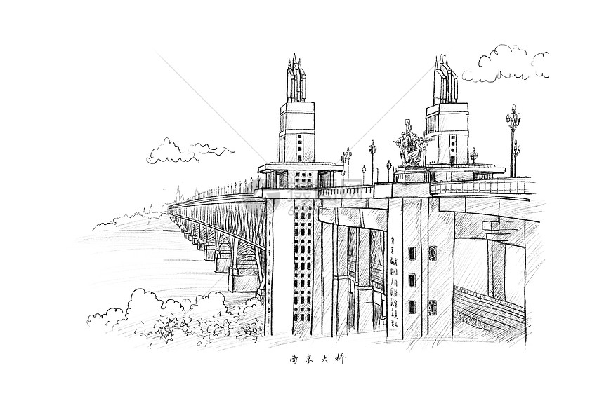 南京长江大桥风景速写图片