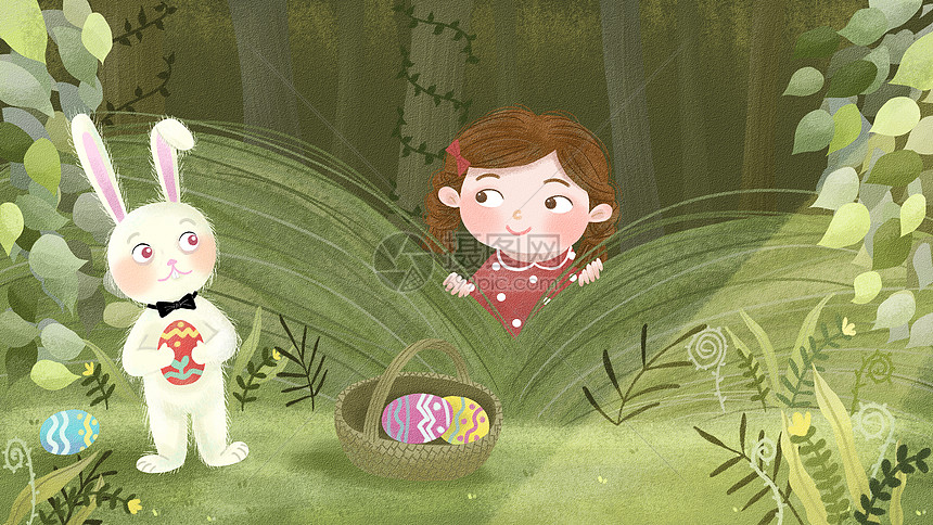 复活节绿色森林里小女孩发现兔子藏复活蛋图片