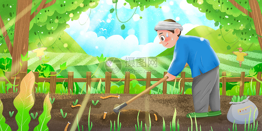 农民伯伯在菜园里种地插画图片下载-正版图片-摄