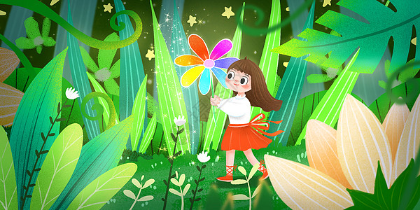 在森林寻找七色花的女孩背景图片