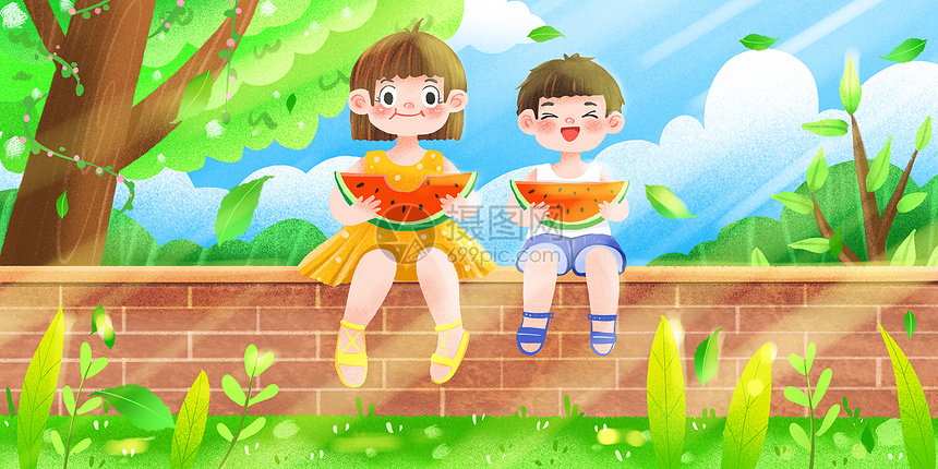立夏天气晴朗姐弟俩在台阶上吃西瓜图片