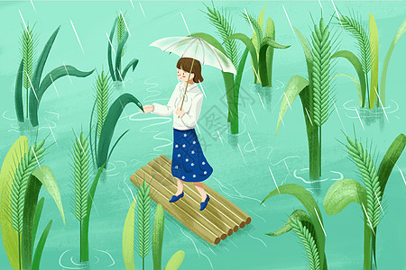 谷雨节气下雨天女孩在麦田竹筏上打伞图片