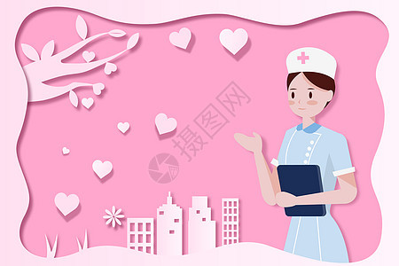 护士节女护士粉色剪纸风格矢量插画图片