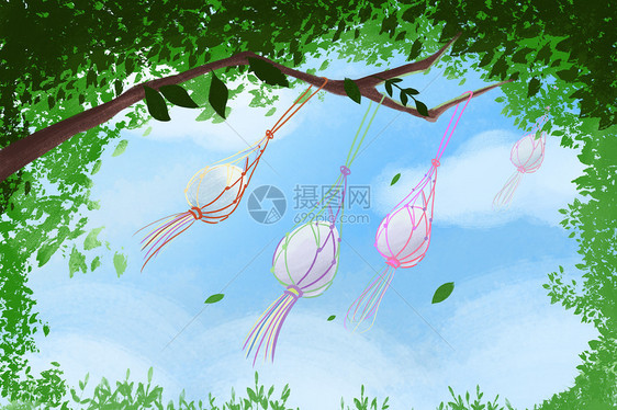 立夏节气斗蛋把蛋挂在树上手绘插画图片