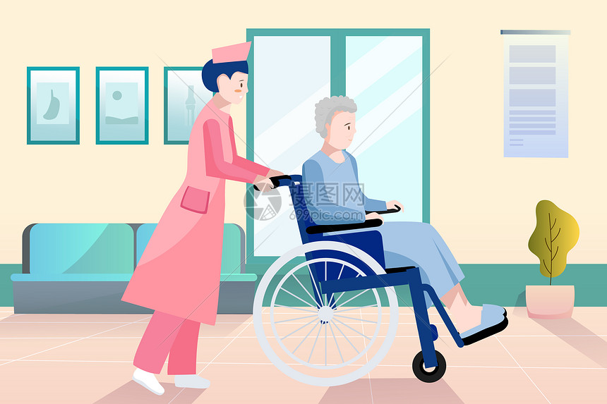 护士节护士在病房推轮椅矢量插画图片