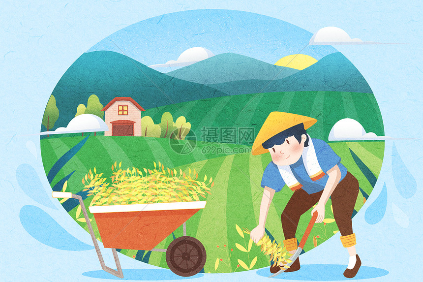五一劳动节之收割农作物小清新插画