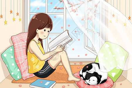 坐在窗台上读书的女孩图片