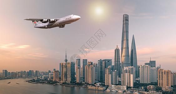 日景建筑城市上空的飞机设计图片