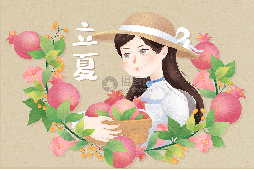 立夏女孩种植采摘石榴小清新插画图片