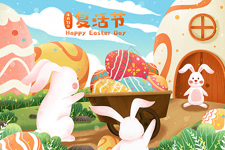 清新复活节兔子与彩蛋插画高清图片
