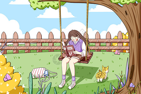 小女孩在公园看书手绘插画图片