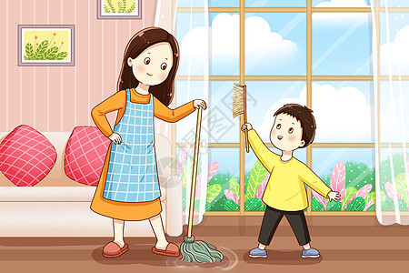 小孩和妈妈一起做家务图片