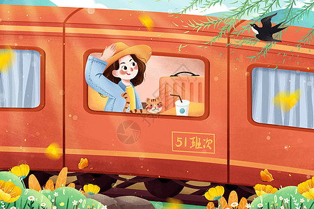 五一出游火车上看风景女孩与猫插画高清图片