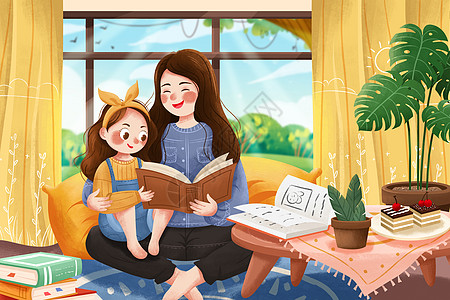 世界读书日母女看书插画高清图片