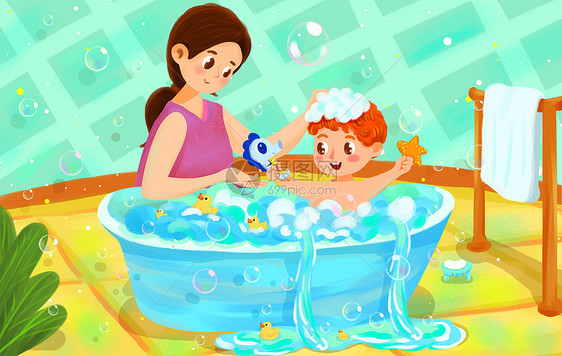 母亲给孩子洗澡图片