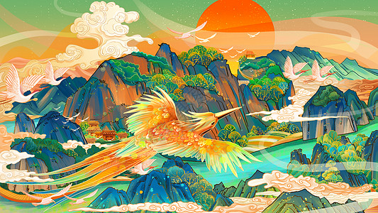 一只鸟中国风龙虎山手绘插画