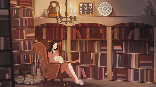 女生房间坐在书房里读书的女孩插画海报插画