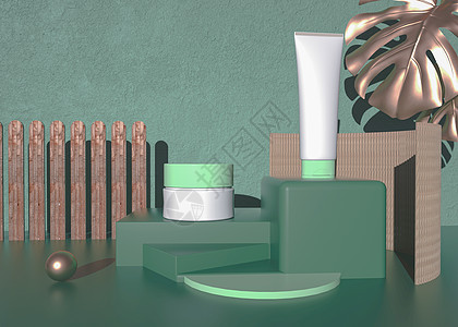 清新绿色3D化妆品样机背景图片