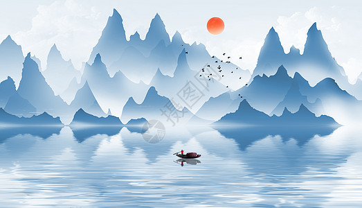 写意中国风蓝色山水画图片