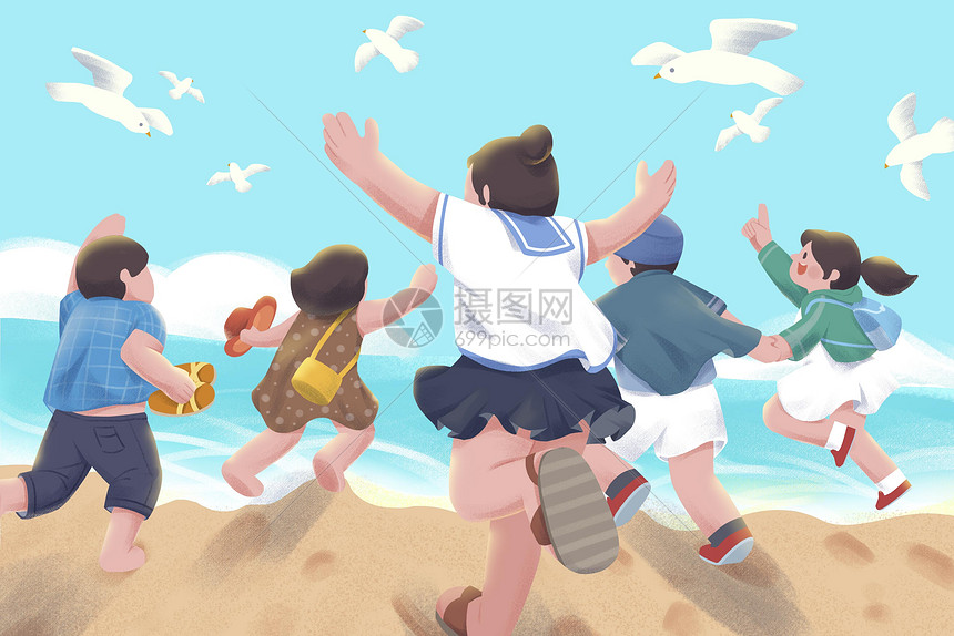 五四青年节在海边奔跑插画图片
