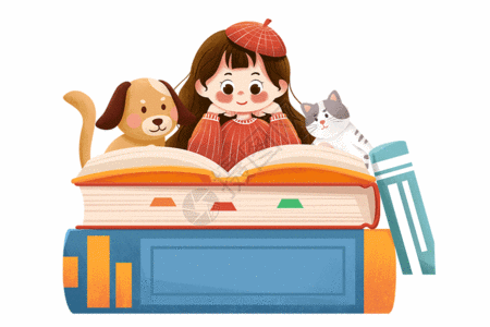 小猫学习读书的女孩GIF高清图片