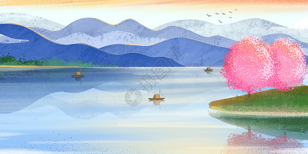 噪点肌理中国风桃花岛山水风景背景图片