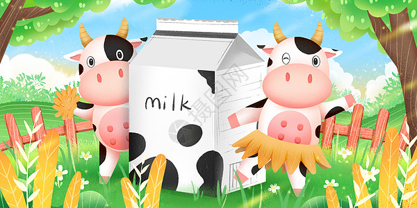 牛奶牧场围着牛奶跳舞的可爱奶牛插画