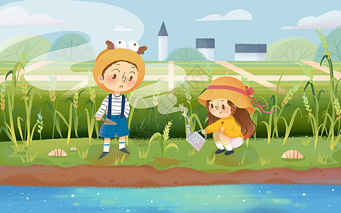 节气小满田野池塘植物小孩可爱清新插画图片