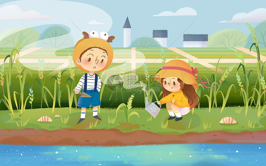 节气小满田野池塘植物小孩可爱清新插画图片