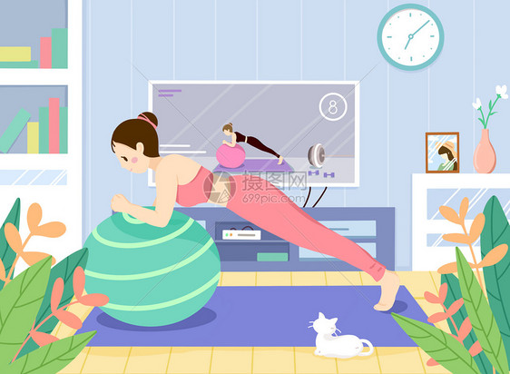 室内网络电视瑜伽健身运动女孩扁平插画图片