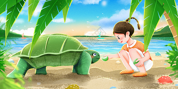 保护儿童在沙滩上和大海龟玩耍的儿童插画