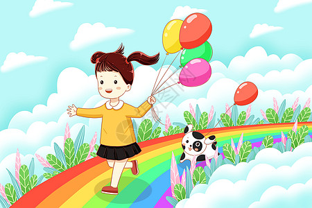 拿着气球在彩虹上奔跑的女孩高清图片