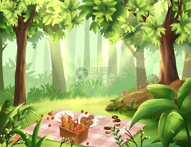 夏日森林野餐背景插画图片