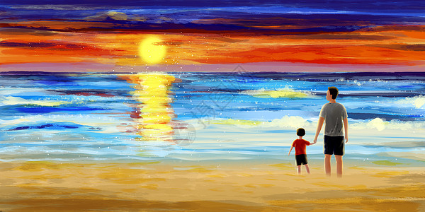 看夕阳海滩的父子背景图片