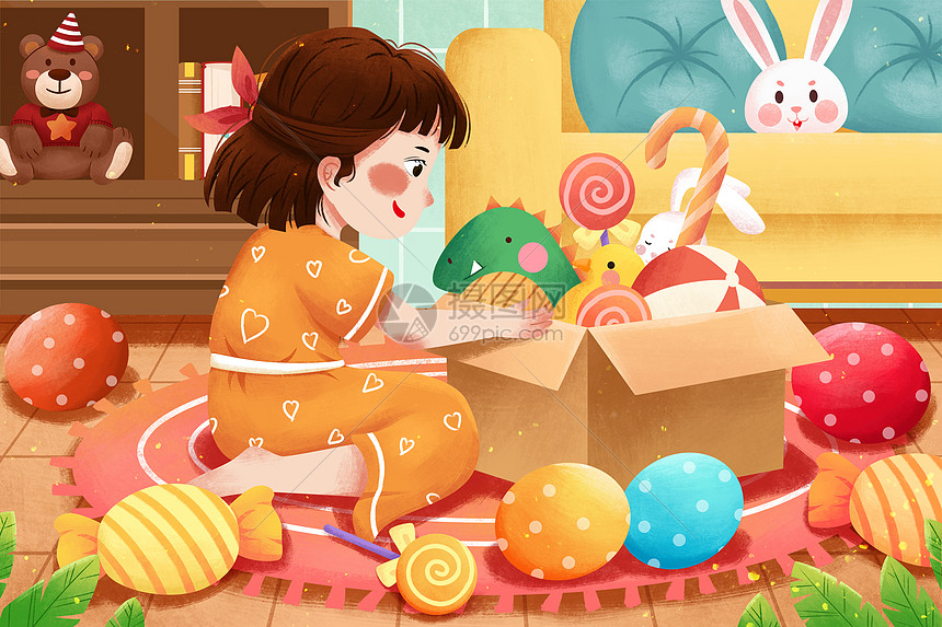 六一儿童节女孩与玩具插画