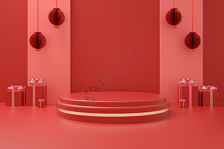 背景红色礼盒红色天猫淘宝电商展台设计图片