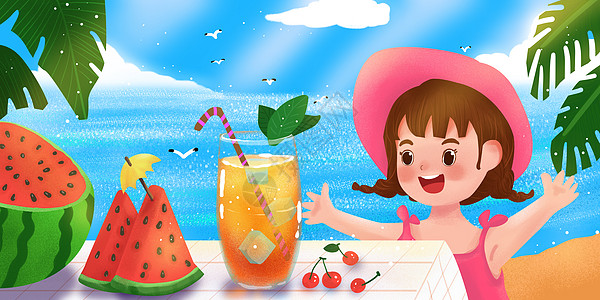 出行准备夏天准备喝果汁的女孩插画