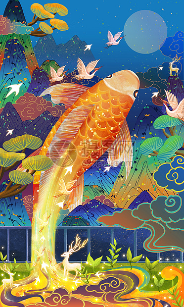 国潮风手绘年年有鱼插画图片下载-正版图片401742500