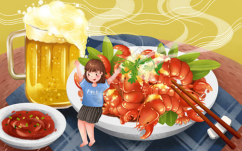 小龙虾美食夏季小龙虾啤酒插画