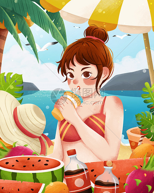 夏季海边女孩喝饮料吃西瓜水果插画图片