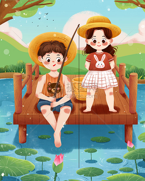 夏季孩子们钓鱼插画图片