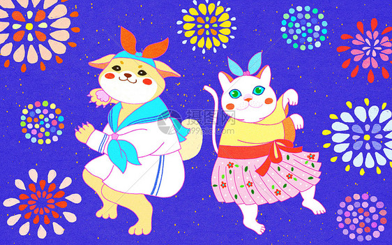 烟花夏日祭猫狗跳舞图片