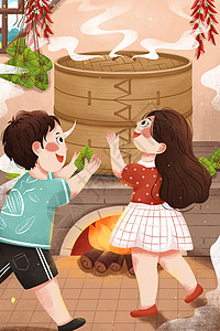 端午节蒸粽子孩子插画图片