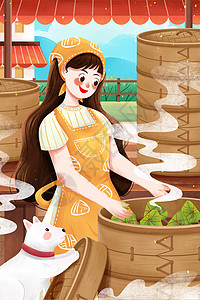 端午节粽子小卖摊女孩蒸粽子卖插画高清图片