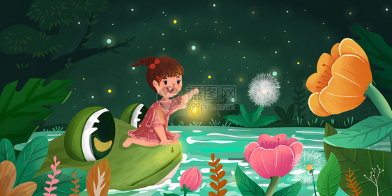 女生坐在青蛙上面手提着灯游玩图片