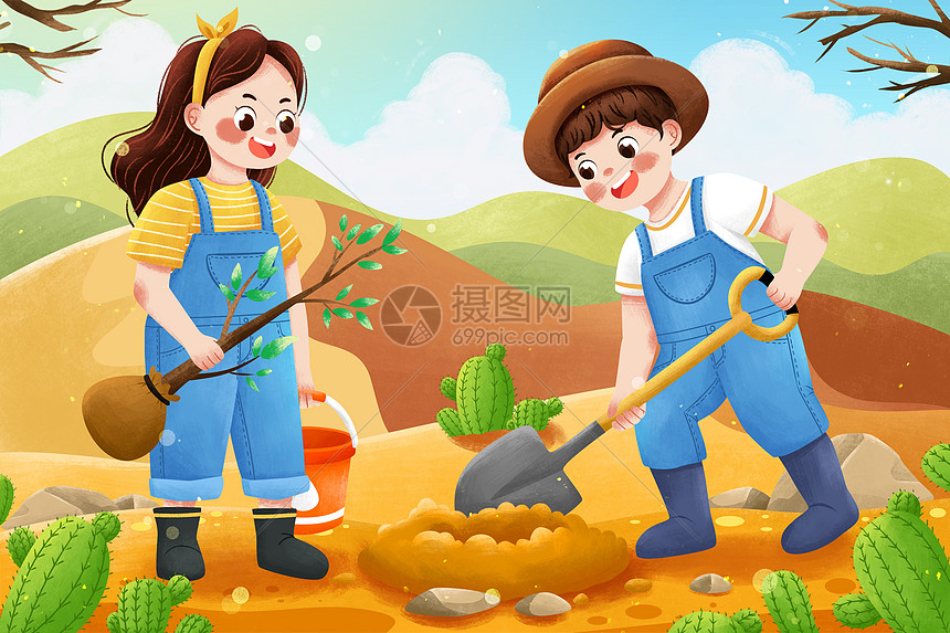 世界防止荒漠化和干旱日沙地种树孩子插画