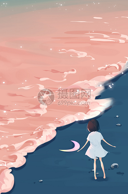 夏日夜晚海边少女手机壁纸图片