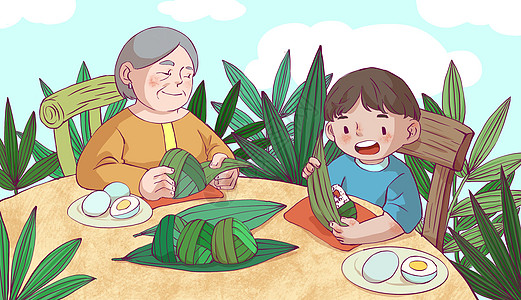 端午节和奶奶一起吃咸鸭蛋和粽子高清图片
